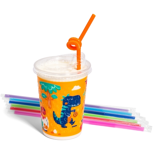 [502DNS] 12oz Kids Cups, Thermoformed, with Lids and Straws, Dinosaur Theme