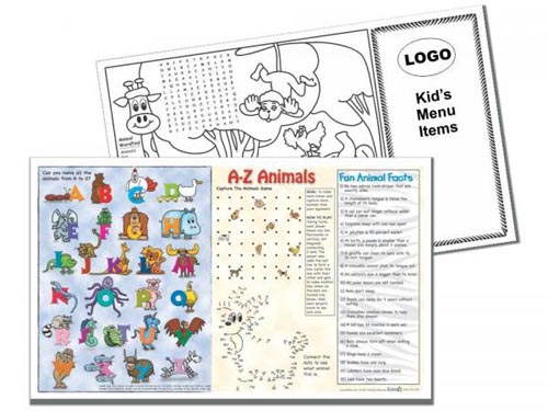 Cargo of Fun 4 Pack children's placemats with do-it-yourself area for printing kids menu. 100 of...