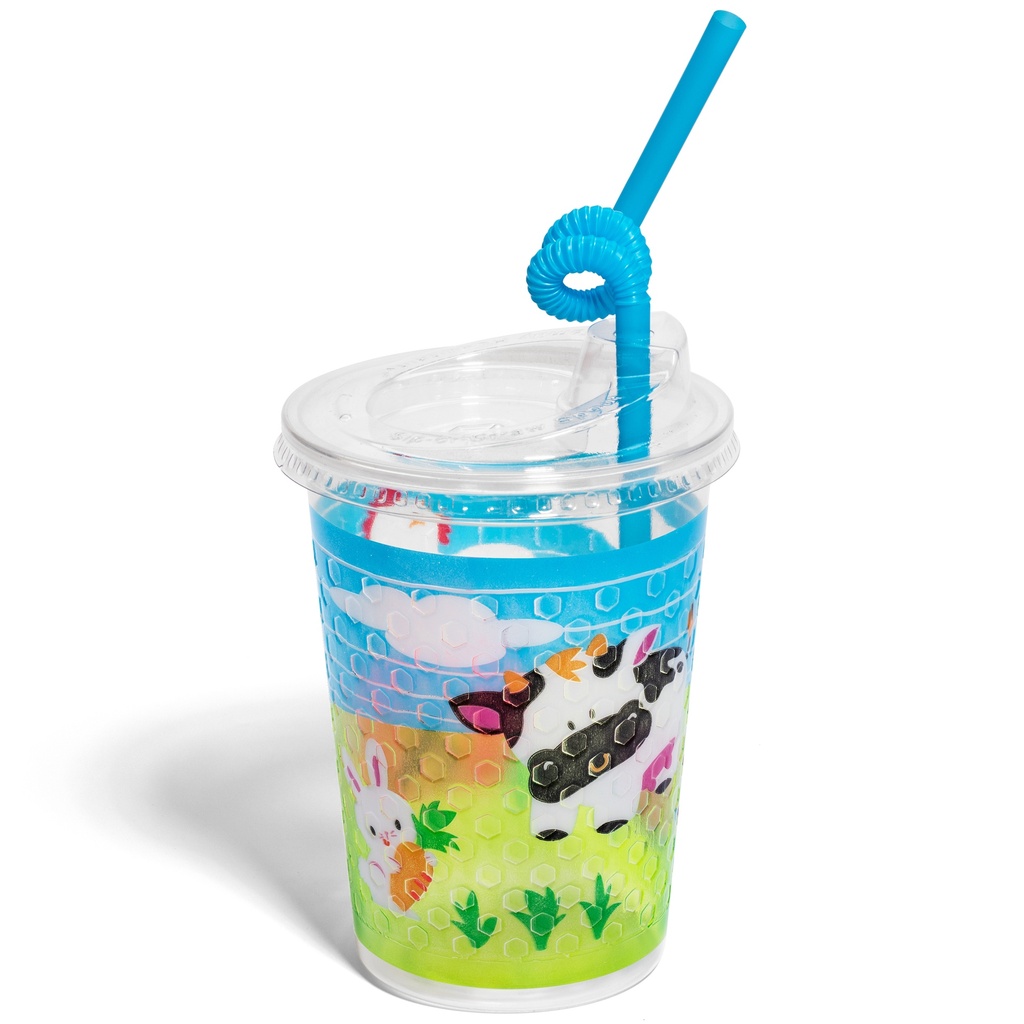 12oz Kids Cups, Thermoformed, with Lids and Straws - Farm Theme