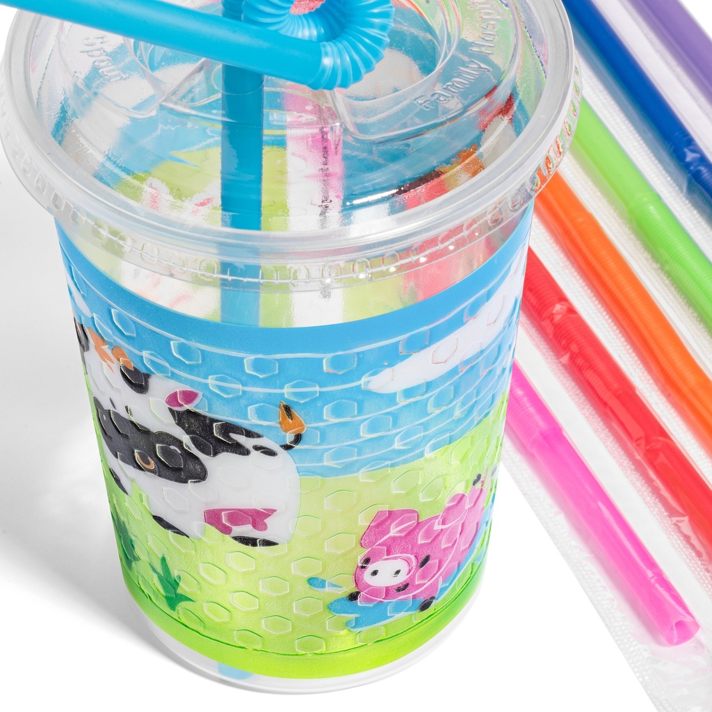 12oz Kids Cups, Thermoformed, with Lids and Straws - Farm Theme