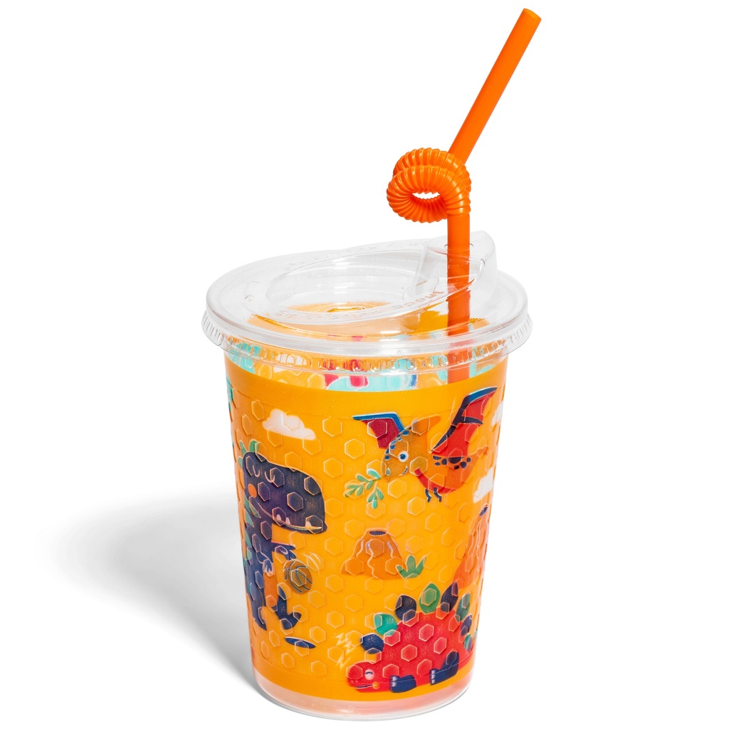 12oz Kids Cups, Thermoformed, with Lids and Straws - Dinosaur Theme