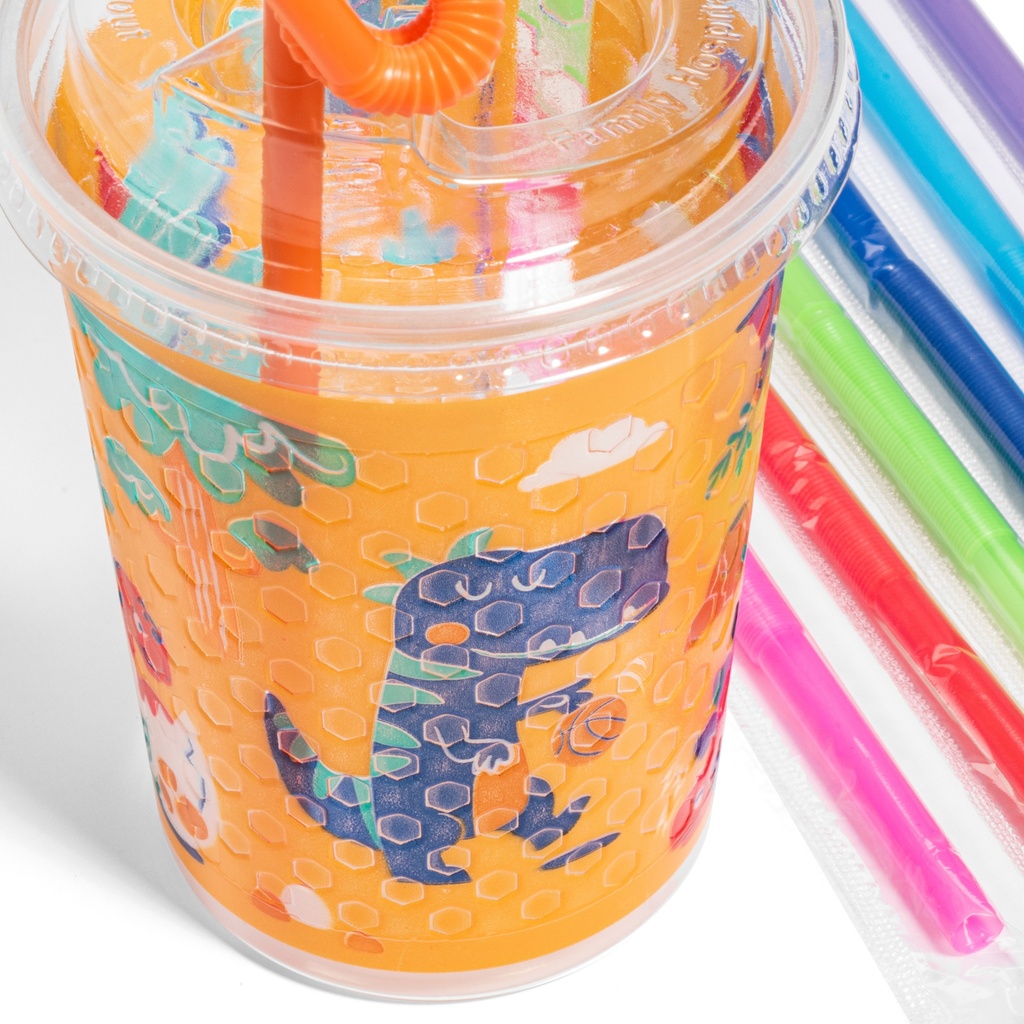 12oz Kids Cups, Thermoformed, with Lids and Straws - Dinosaur Theme