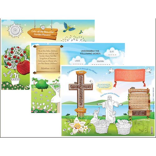 10x14" Paper Placemats with Games, Christian Theme Variety Pack