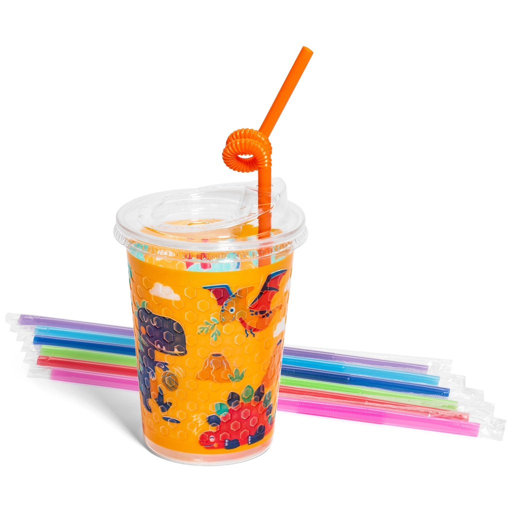 12oz Kids Cups, Thermoformed, with Lids and Straws - Dinosaur Theme