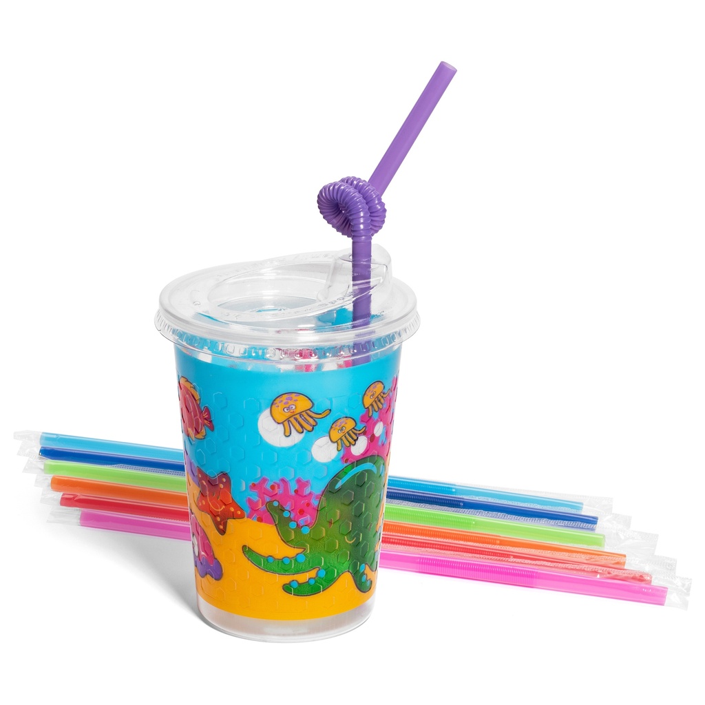 12oz Kids Cups, Thermoformed, with Lids and Straws - Sea Theme