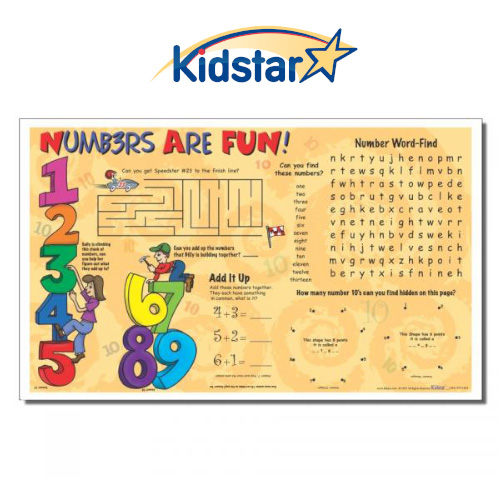 Numbers Are Fun Children's Placemats, 8 1/2 X 14 with a customizable area on back.