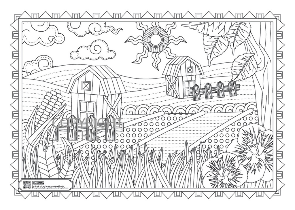 10x14in Value Line Coloring Placemats on 45gsm newsprint (30#), 1C/0, 1000ct, Farm Theme