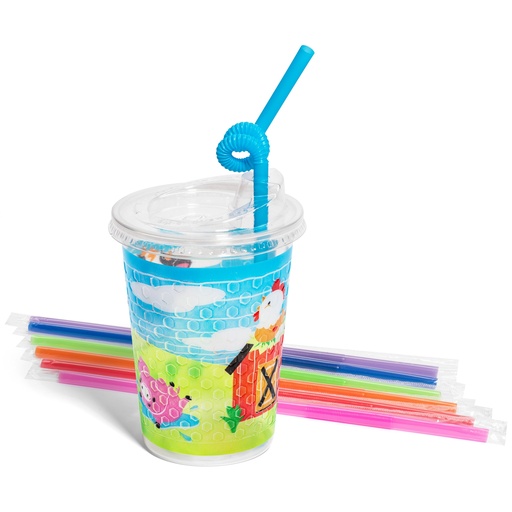 [502FRM] 12oz Kids Cups, Thermoformed, with Lids and Straws - Farm Theme