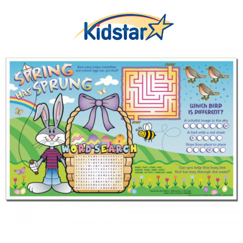 [317-SPR(500) [replaces KS-124]] Spring Has Sprung children's placemats with area on back for customizing. 11 X 17