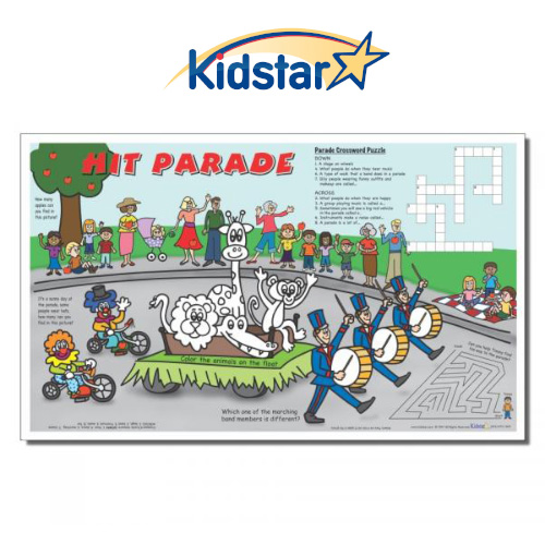 [384-PRD(500) [replaces Mini-Parade]] Hit Parade Children's Placemats, 8 1/2 X 14 with a customizable area on back.