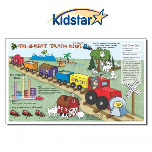 [384-TRN(500) [replaces Mini-Train]] Great Train Ride Children's Placemats, 8 1/2 X 14 with a customizable area on back.
